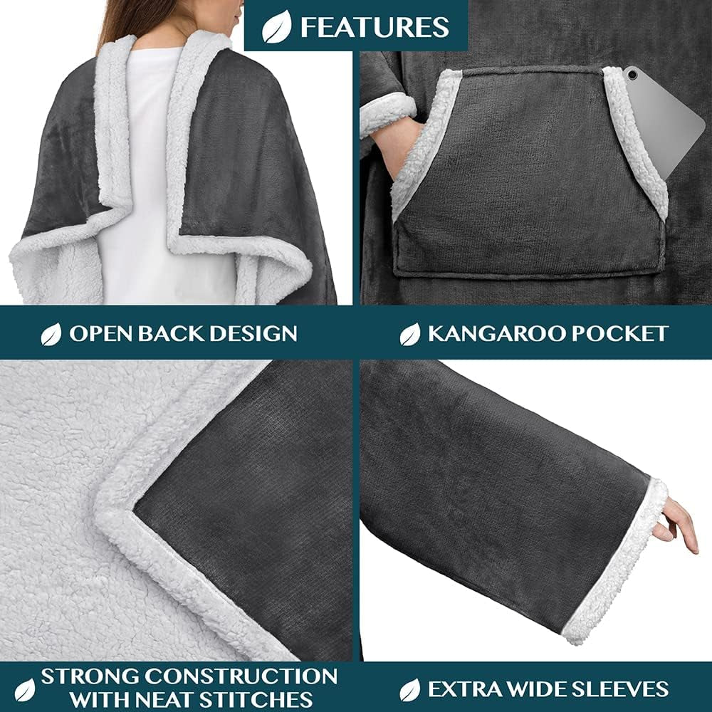 Sherpa Wearable Blanket with Sleeves and Pocket, for Adult Women and Men, Dark Grey