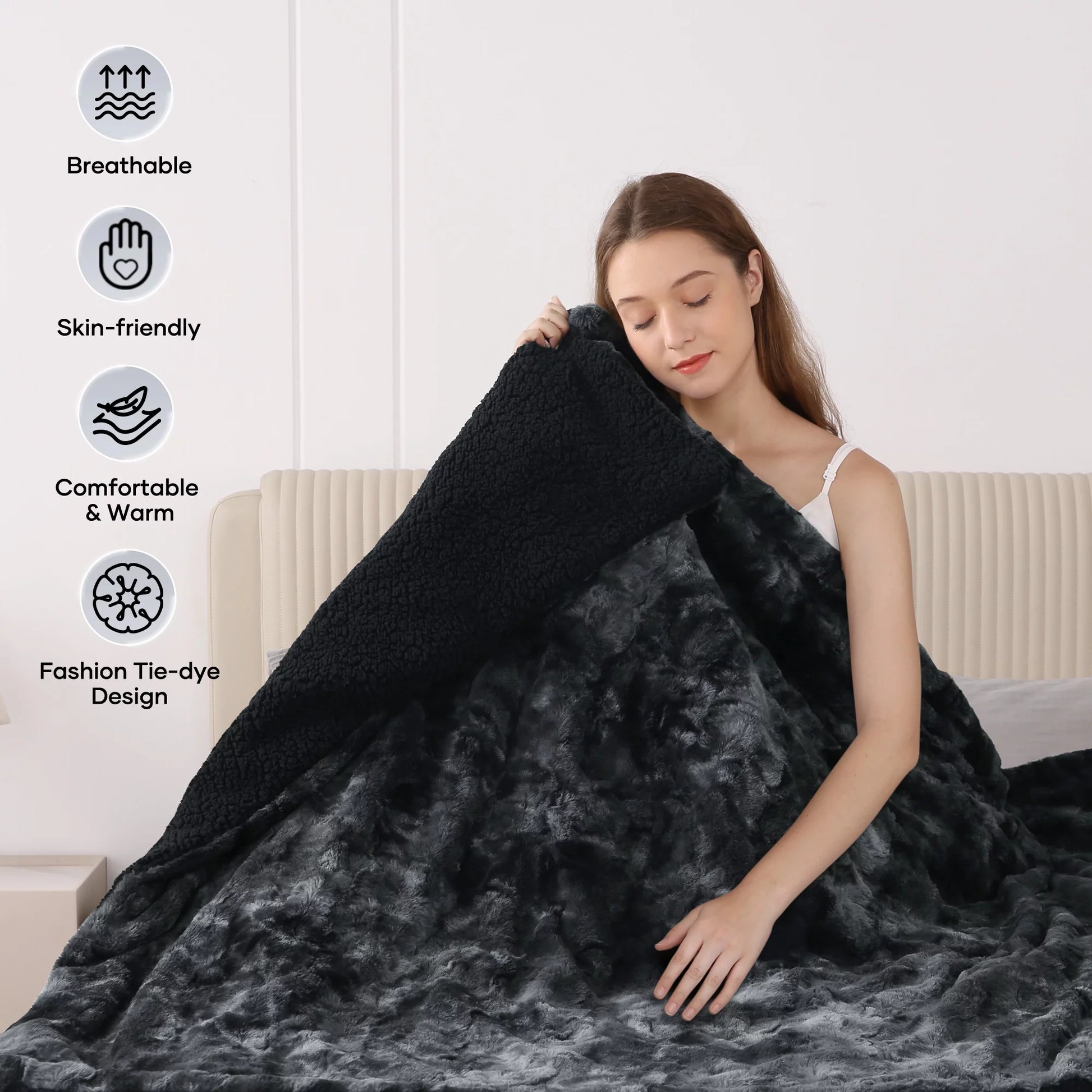 Soft Faux Fur Heated Electric Blanket  50" X 60" Tie-Dye Black