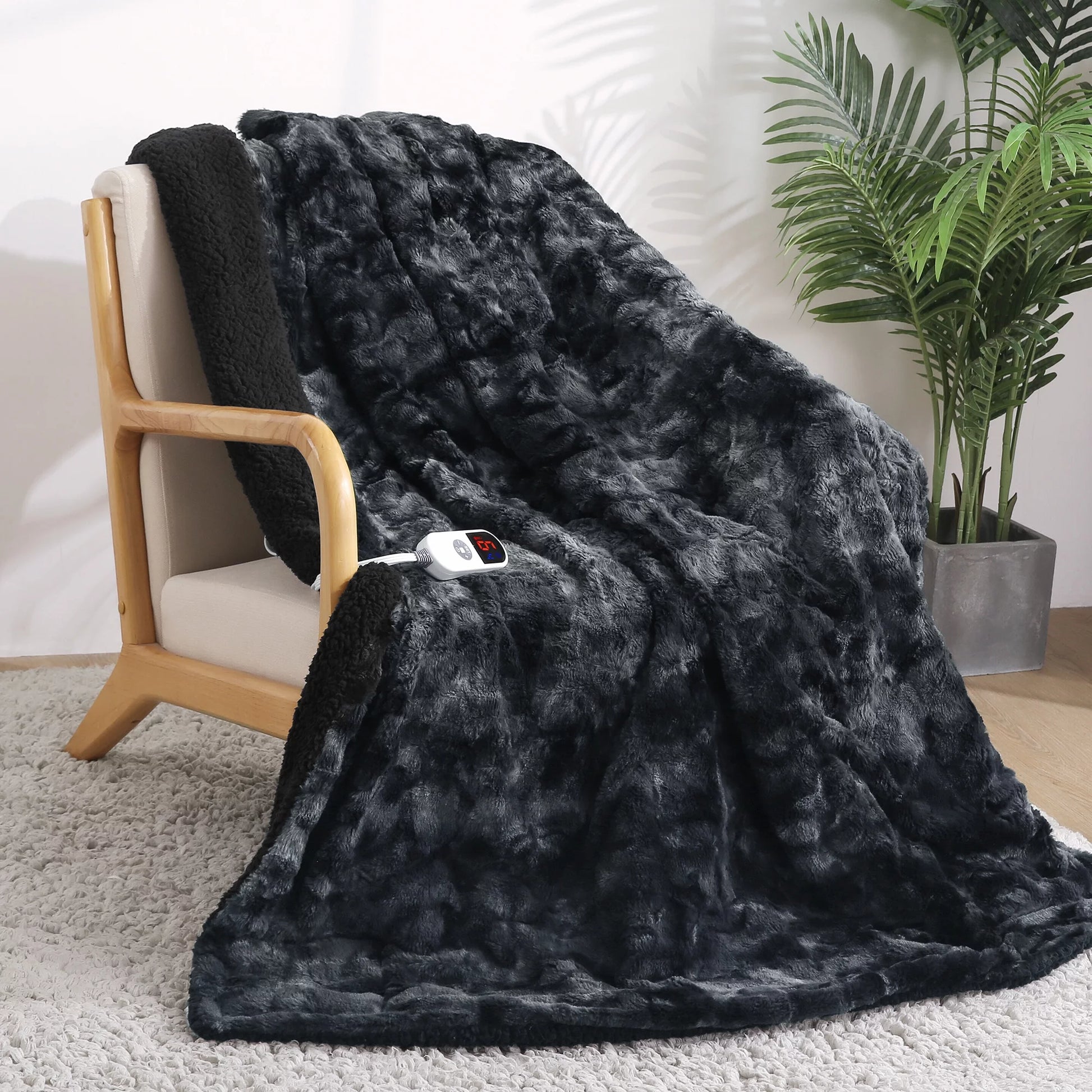 Soft Faux Fur Heated Electric Blanket  50" X 60" Tie-Dye Black