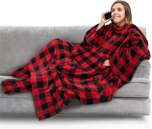 Wearable Fleece Blanket with Sleeves and Foot Pockets for Women Men Adults