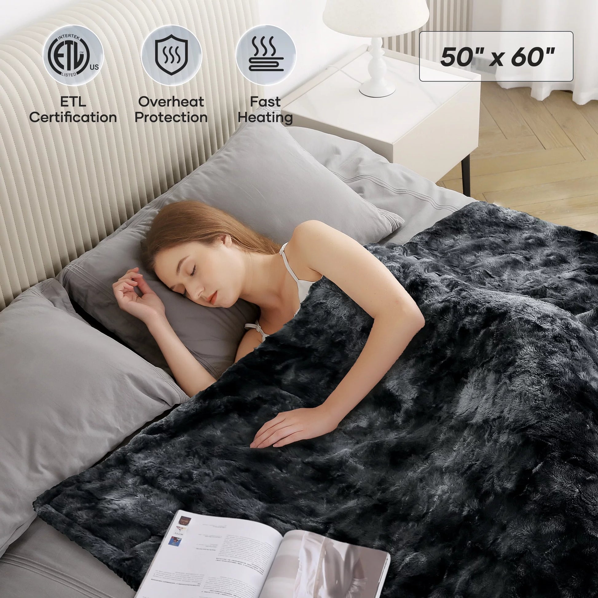 Soft Faux Fur Heated Electric Blanket  50" X 60" Tie-Dye Black