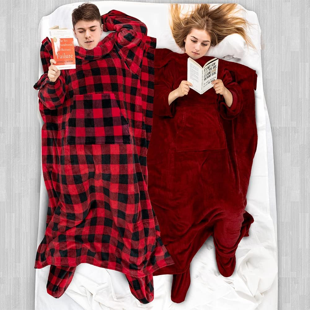 Wearable Fleece Blanket with Sleeves and Foot Pockets for Women Men Adults