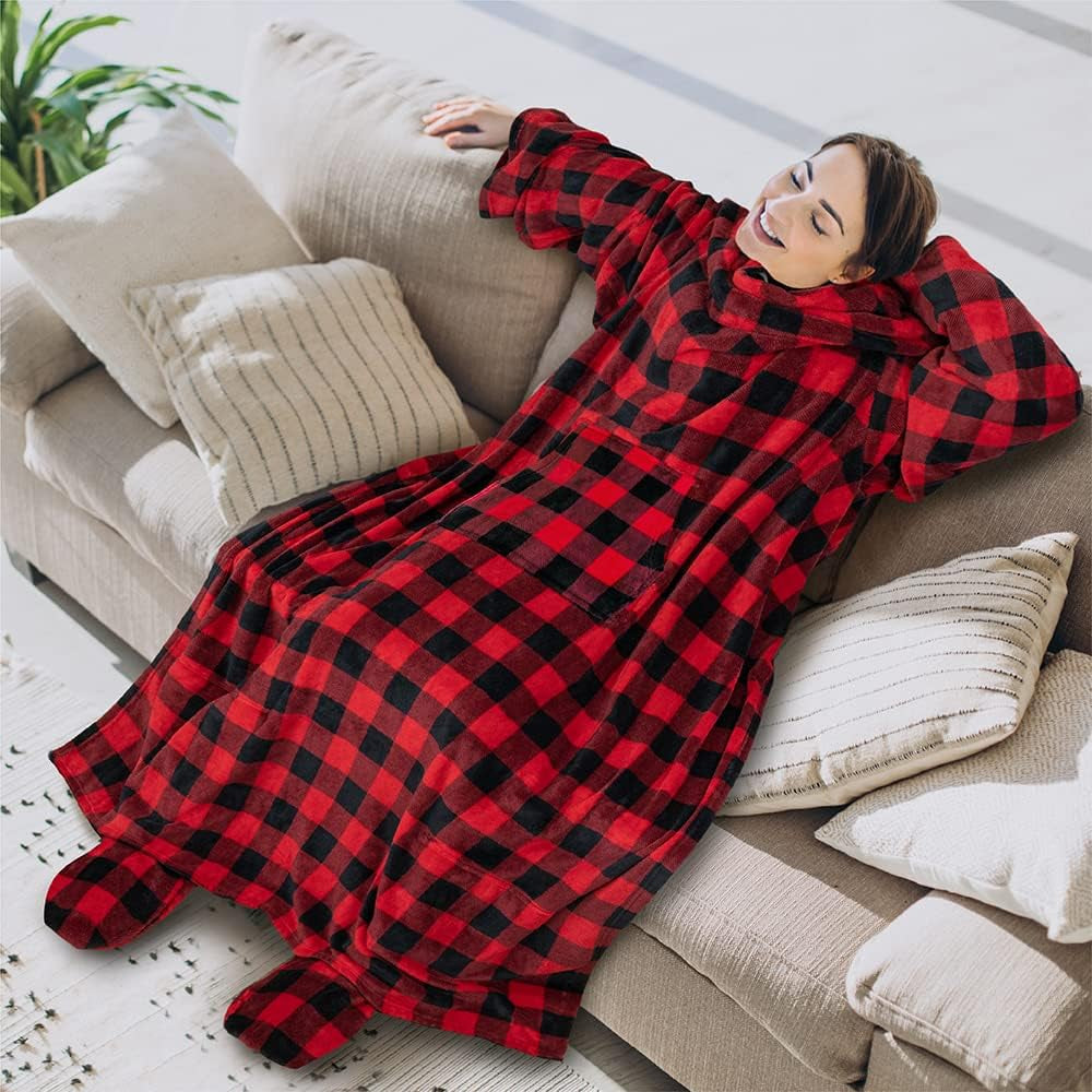 Wearable Fleece Blanket with Sleeves and Foot Pockets for Women Men Adults